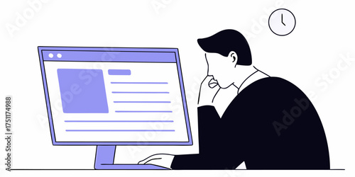 Business Person Thinking Hard At Computer To Solve Corporate Challenges