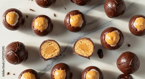 Buckeye candies with peanut butter centers on marble counter