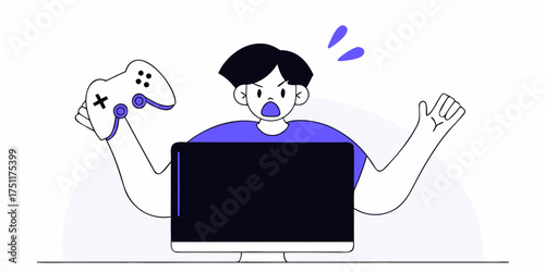 Upset gamer holding controller in front of computer screen expressing frustration