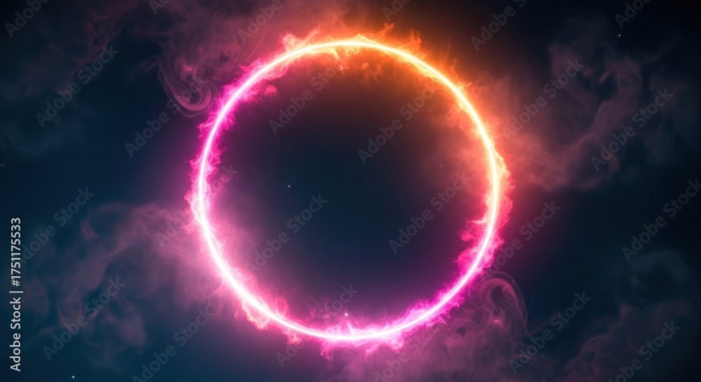 Fototapeta premium A vibrant, circular, fiery ring of light against a dark, smoky background.