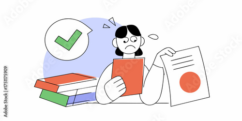 Worried Student With Grade Exam Results Documents Books Vector Illustration