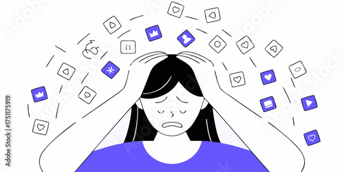 Stressed Person Overwhelmed by Social Media with Apps Icon Flowing Vector Design