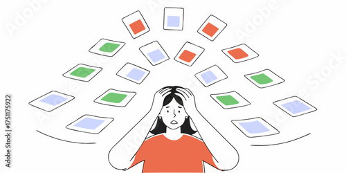 Overwhelmed Woman Surrounded by Information with Headache Isolated Vector Graphic