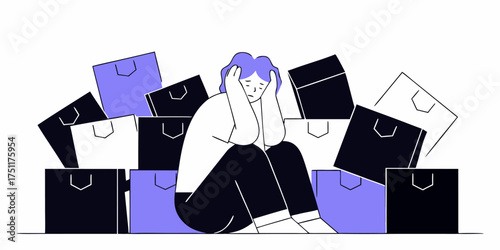Overwhelmed Shopper Surrounded by Shopping Bags, Consumerism Burden