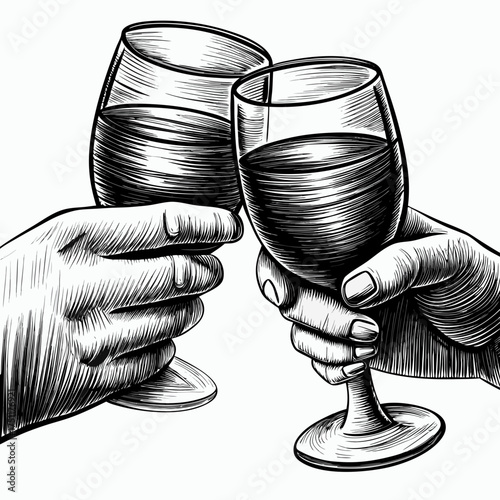 Clinking glasses of wine during Thanksgiving celebration, black and white sketch style with copy space
