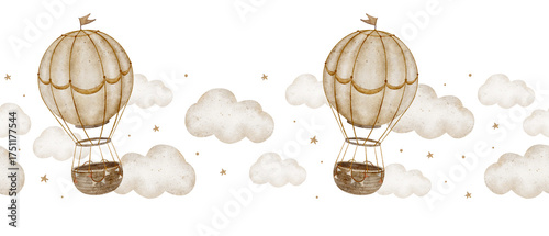 Vintage border hot air balloons flying, beige clouds. Seamless banner isolated. Hand-drawn watercolor illustration in childish retro style for nursery design wallpaper party birthdays packaging fabric