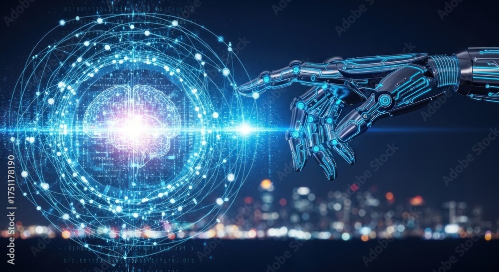 Fototapeta premium A robotic hand extending into a glowing, digital sphere with a cityscape in the background.