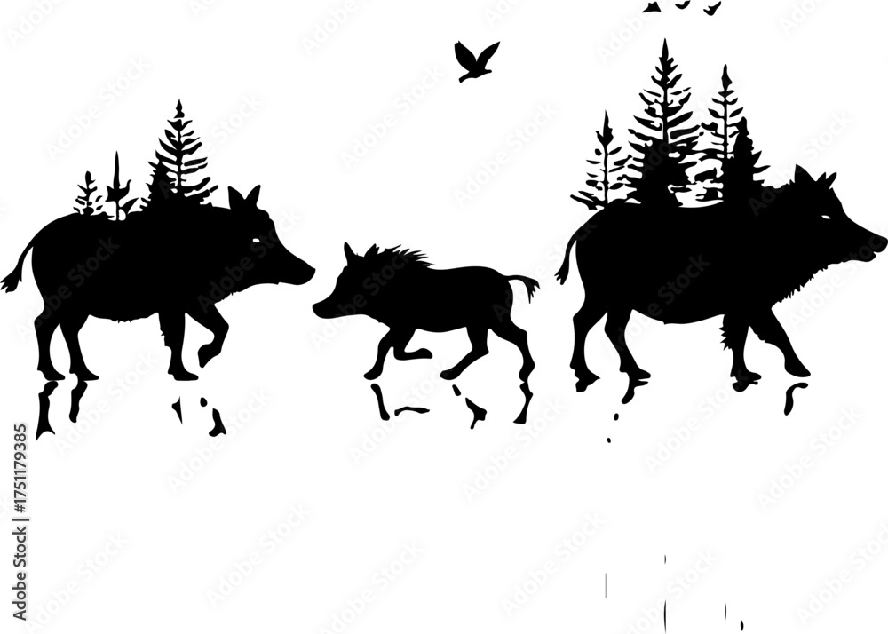 Naklejka premium Wild Boar Forest Silhouette Art