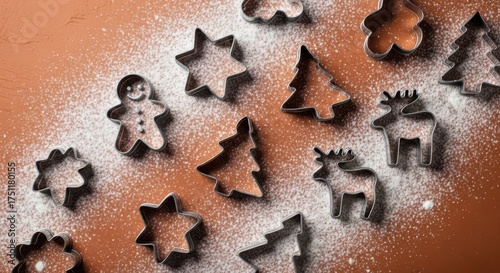 Christmas cookie cutters on floured surface in festive shapes