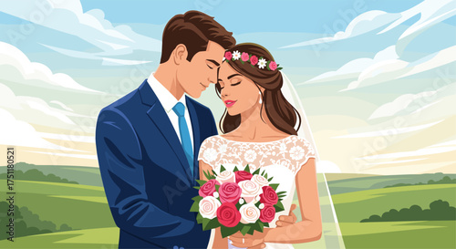 Celebrate true love with this charming couple, enjoying their special wedding day with a beautiful bouquet and scenic landscape background