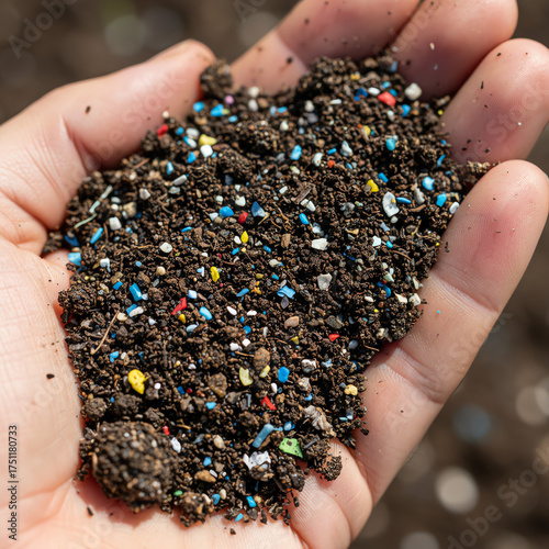 Handful of soil contaminated with microplastics representing pollution and environmental issues