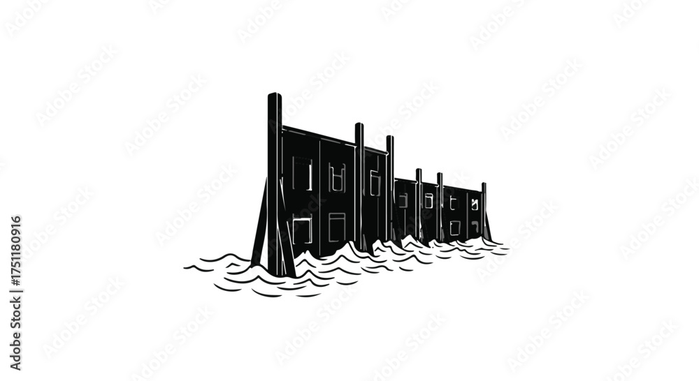 Obraz premium Eerie dark building structure submerged in water with stark wooden posts