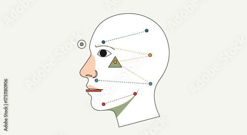 A futuristic concept illustration of facial recognition technology showing biometric data points and analysis connections on a human head profile