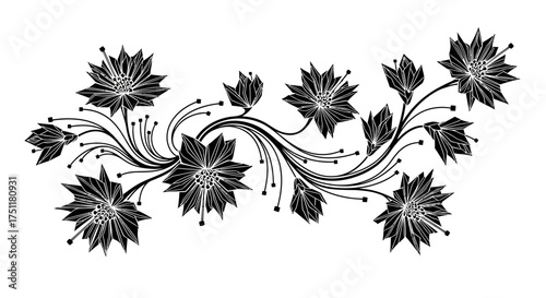 Swirling Floral Design Graceful Black and White Botanical Ornament