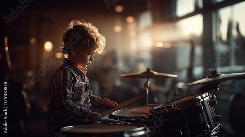 A young, curly-haired child plays a drum set indoors, warmly lit by bokeh string lights visible through a large window in the background. created by ai