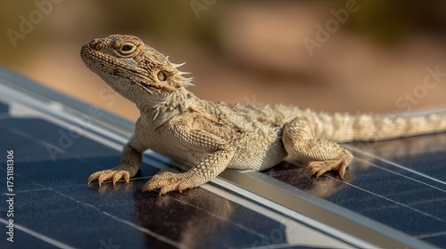 A bearded dragon basking on solar panels under bright sunlight.