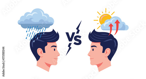 Optimism versus pessimism heads shows positive thinking can change your outlook and bring sunshine into your mind versus a gloomy outlook