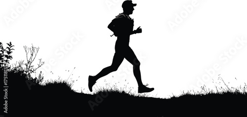 Running, silhouette, athlete, outdoor, trail, grass, plants, cap, backpack, fitness, exercise, sport, motion, activity, lifestyle, healthy, nature, jogging, workout, training, illustration