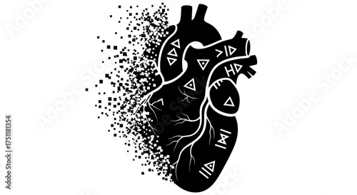 Artistic Representation A Graphic Black and White Illustration of a Human Heart with Fragmentation