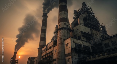 Industrial power plant emitting smoke into the atmosphere at sunset environmental concerns