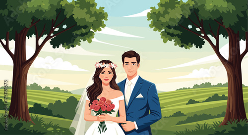 Stunning bride and groom on their special day, a picturesque rural backdrop with lush trees and rolling hills creates a romantic and memorable scene