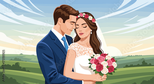 Stunning bride and groom embrace tenderly against a beautiful landscape, perfect for wedding announcements or romantic designs, love and commitment