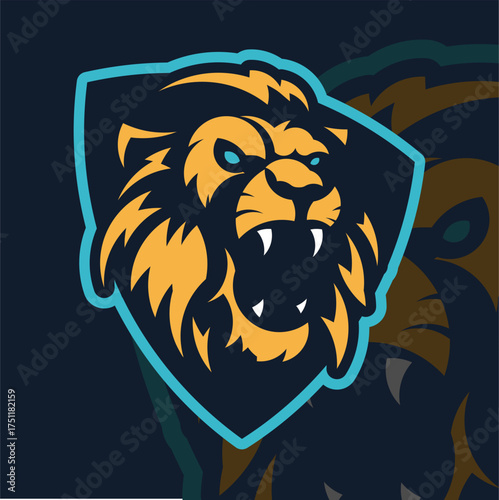 A roaring lion’s head framed within a blue-outlined shield. The bold gold and dark blue color scheme symbolize strength, courage, and dominance.
