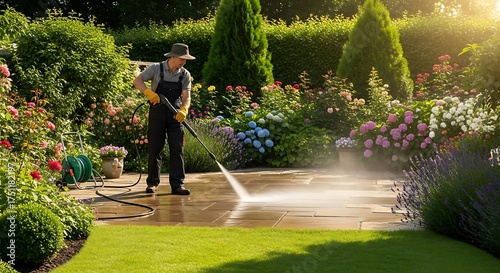 Man Power Washing Patio in Lush Garden on Sunny Day.
