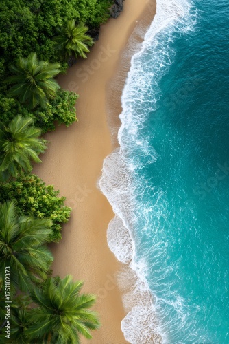 Tropical beach with turquoise waves gently hitting golden sand, aerial view with lush green palm trees, ideal for travel ads, nature prints, and summer design
