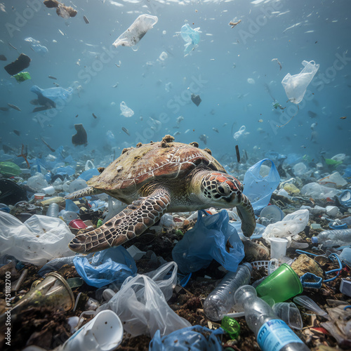 Sea turtle swimming through ocean debris illustrating the problem of plastic pollution in the sea