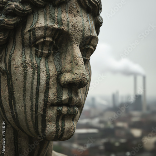 Stone statue weeping over polluted cityscape environmental concerns and climate change concept