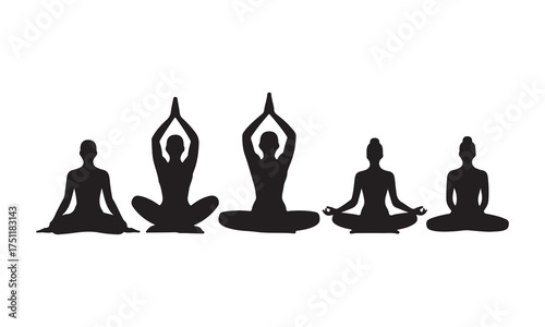 Five diverse figures in meditation poses forming a yoga silhouette