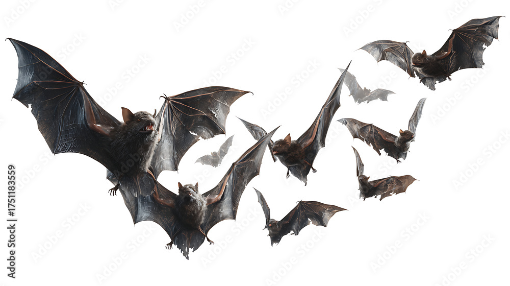 Fototapeta premium Bats with torn wings raining down, grotesque detail, isolated