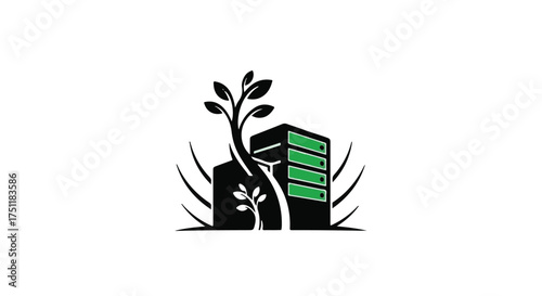 Green technology server rack with growing plants symbolizing eco-friendly data centers
