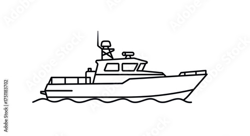Simple black line art illustration of a modern patrol boat sailing on water.