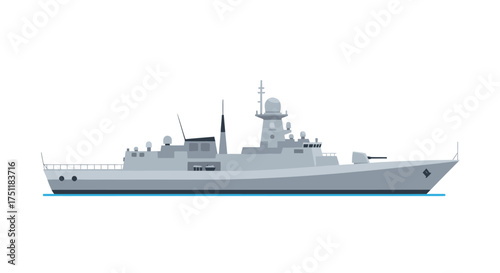 Modern Grey Warship with Radar Mast and Gun Turret.