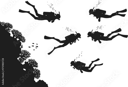 Scuba, diving, silhouette, diver, underwater, coral reef, fish, bubbles, fins, oxygen tank, marine, ocean, exploration, activity, sport, hobby, lifestyle, nature, adventure, illustration