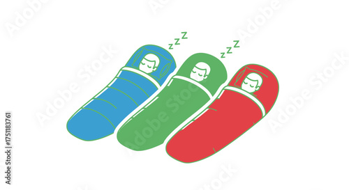 Colorful Sleeping Bags with People Sleeping Zzzs Above.