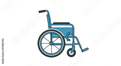 A simple blue manual wheelchair illustration shown in a side profile view.