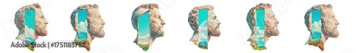 A surreal artistic composition of six abstract human head profiles filled with turquoise water, isolated on a transparent background