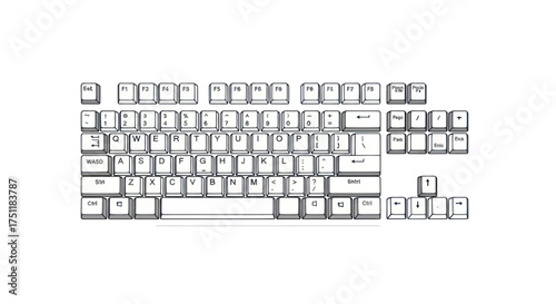 Minimalist black and white line art drawing of a tenkeyless computer keyboard.