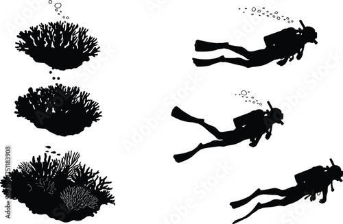 Scuba, diving, silhouette, diver, underwater, coral reef, fish, bubbles, fins, oxygen tank, marine, ocean, exploration, activity, sport, hobby, lifestyle, nature, adventure, illustration