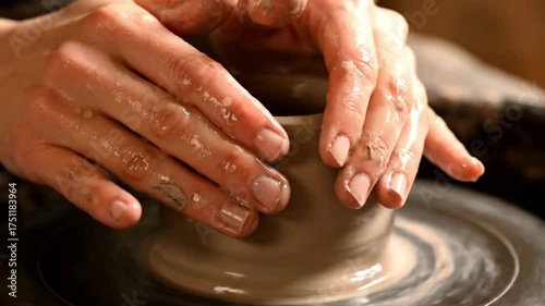 Cinematic Macro of Potter’s Hands – Shaping Wet Clay on Spinning Wheel with Glowing Light, Water Droplets, and Ultra-Realistic 4K Detail