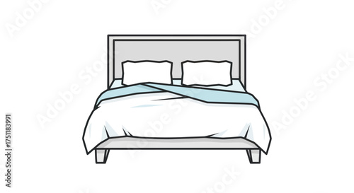 Minimalist line art illustration of a bed with headboard pillows and blue blanket.