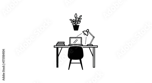 Simple Black and White Desk with Laptop and Plant.