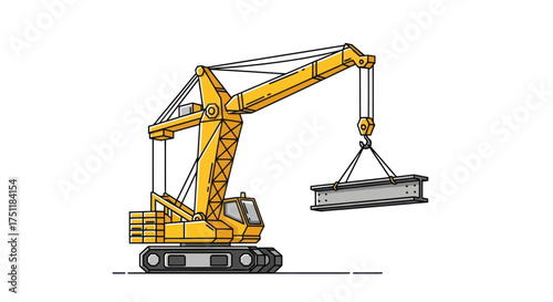 Yellow Construction Crane Lifting Steel Beam Heavy Machinery Industrial Equipment.