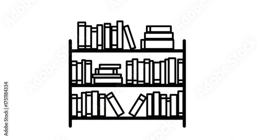 Simple Line Art Bookshelf with Multiple Books Icon.