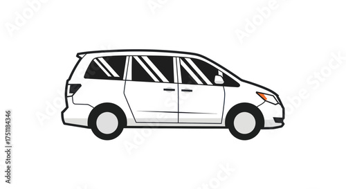White Minivan Illustration with Black Accents and Sliding Doors.
