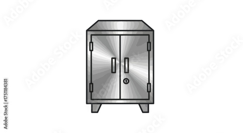 A simple black and white drawing of a lockable two-door metal storage cabinet on legs.