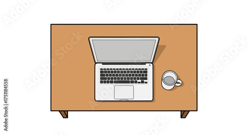 Overhead view of an open laptop and a cup of coffee on a wooden desk.